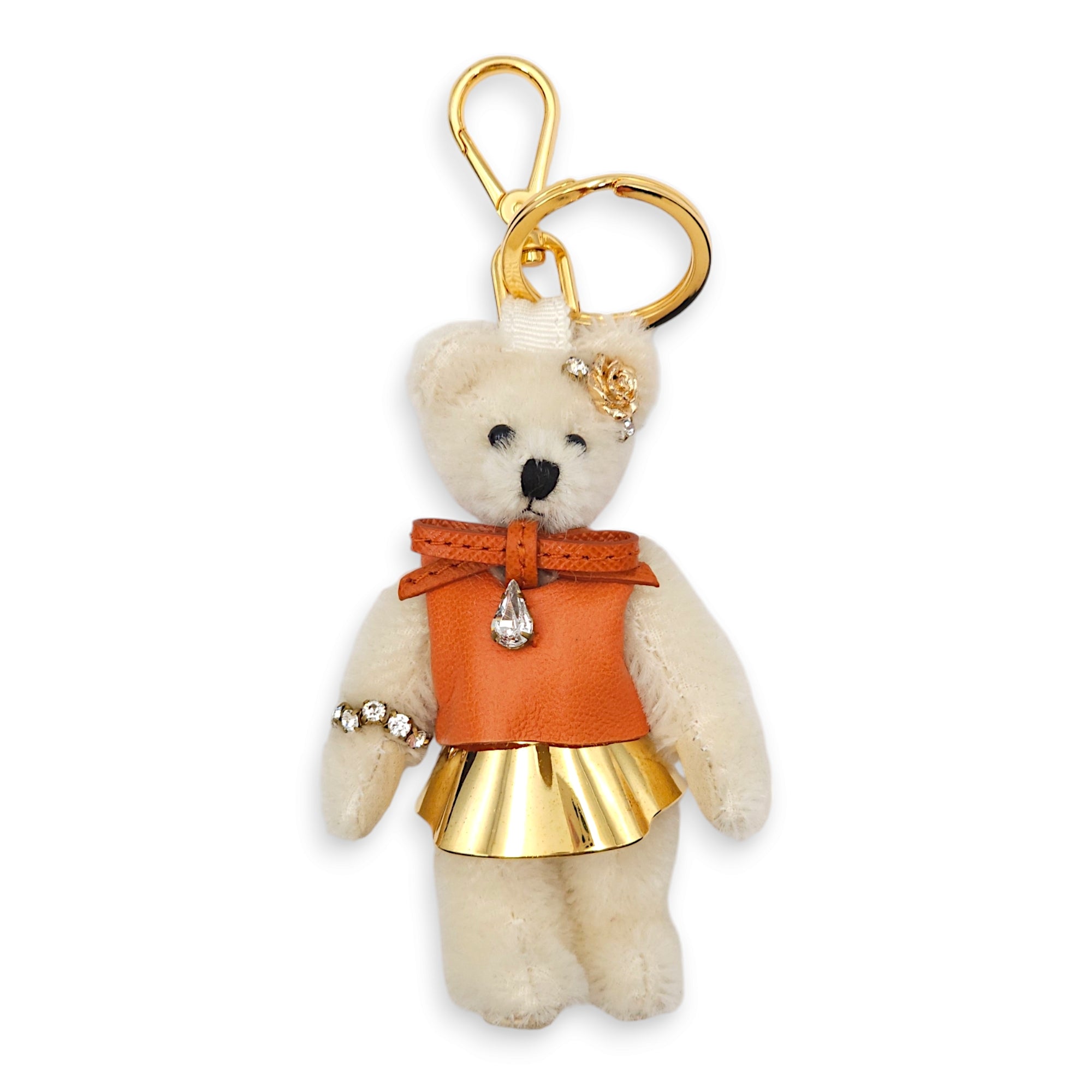 Linda Bear Bag White/Orange Charm in Nappa Leather, Gold hardware