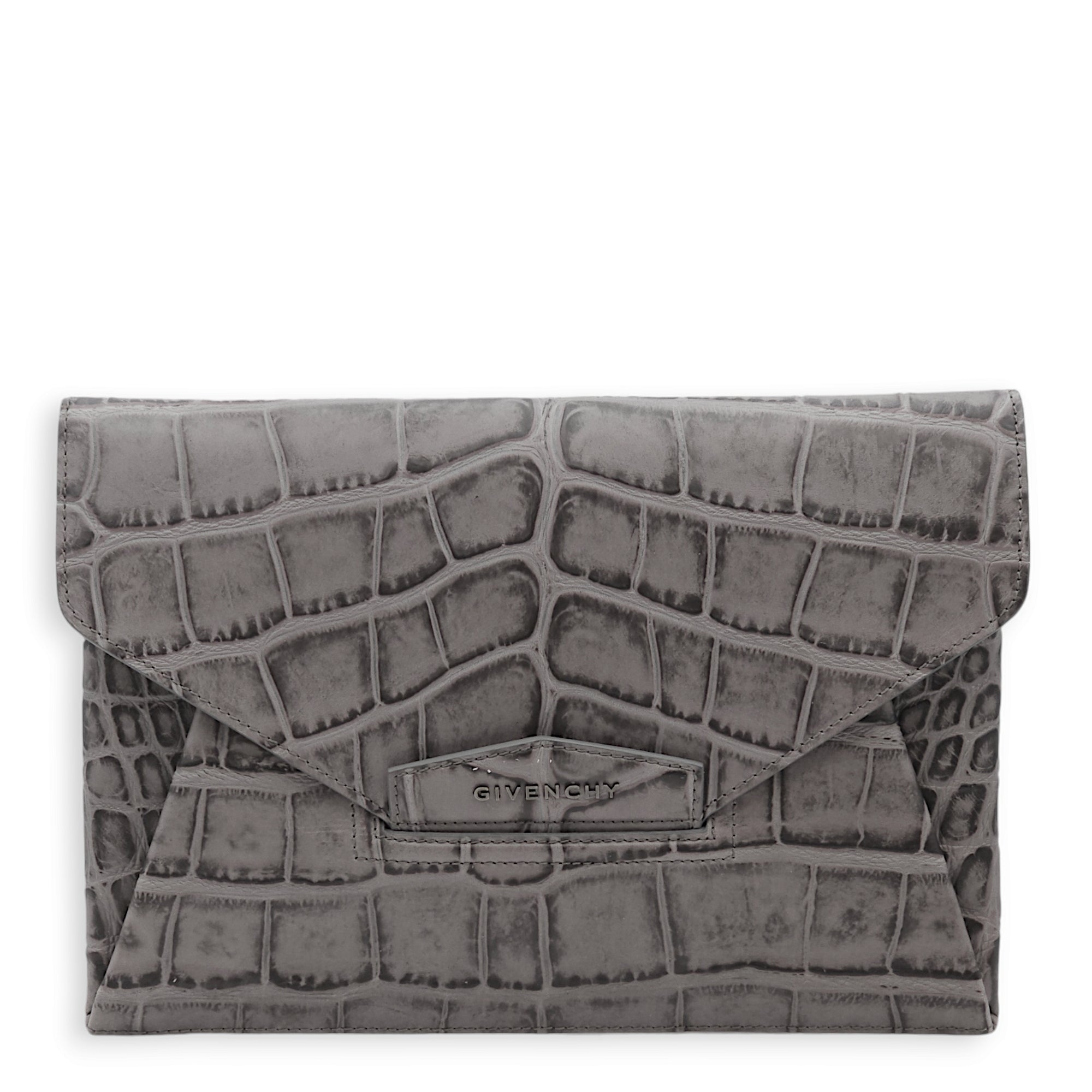 Antigona Grey Croc Print Clutch in Calfskin, Palladium hardware