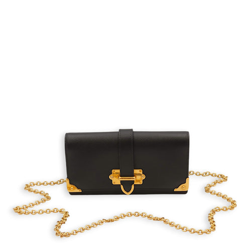 Lux Cahier Black Crossbody Bag in Saffiano Leather, Gold hardware