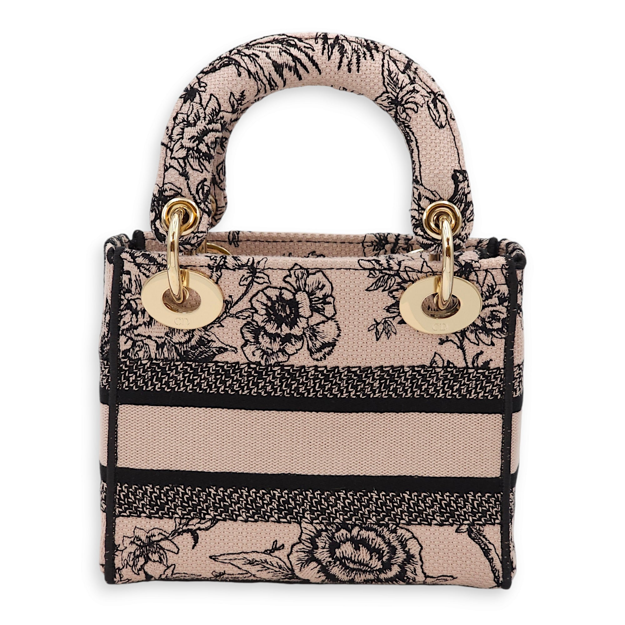 Lady D-lite Mini Pink/Black Top Handle Bag in Jardin Botanique Embroidery, Gold hardware