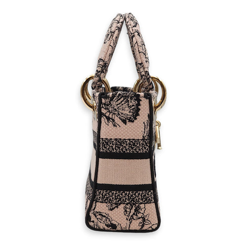 Lady D-lite Mini Pink/Black Top Handle Bag in Jardin Botanique Embroidery, Gold hardware