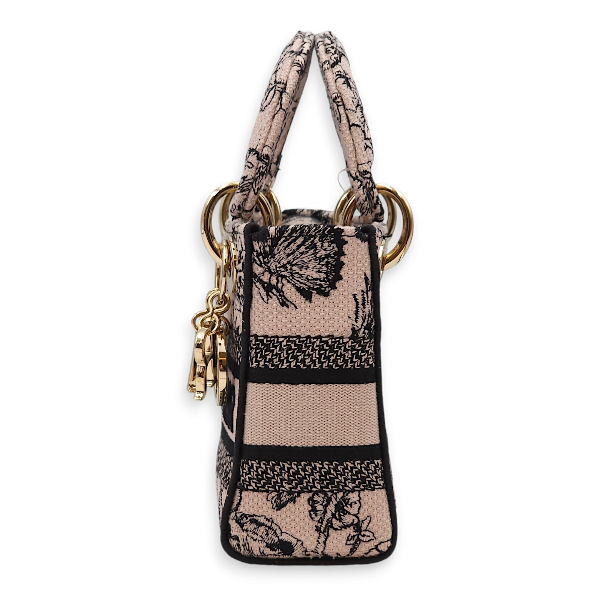 Lady D-lite Mini Pink/Black Top Handle Bag in Jardin Botanique Embroidery, Gold hardware