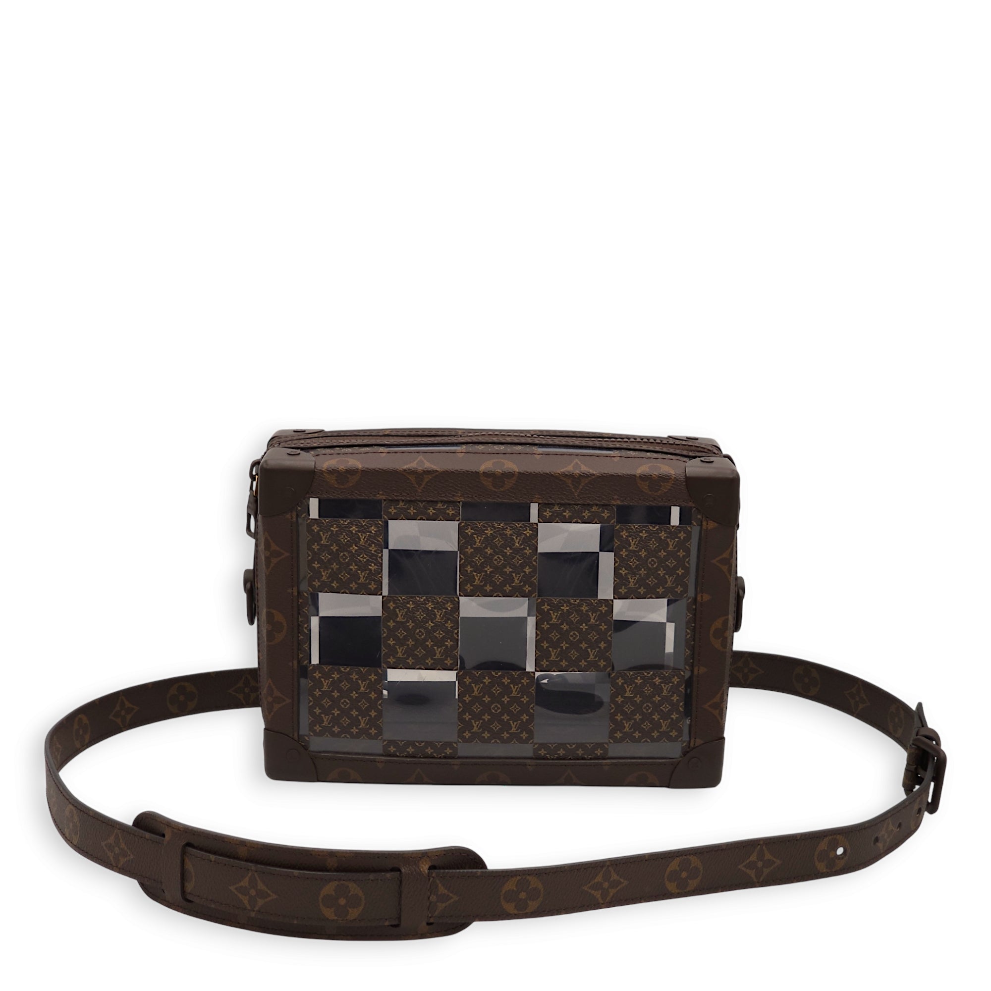 Virgil Abloh Monogram Chess Soft Trunk Brown Crossbody Bag in Vinyl/Canvas, Gold hardware