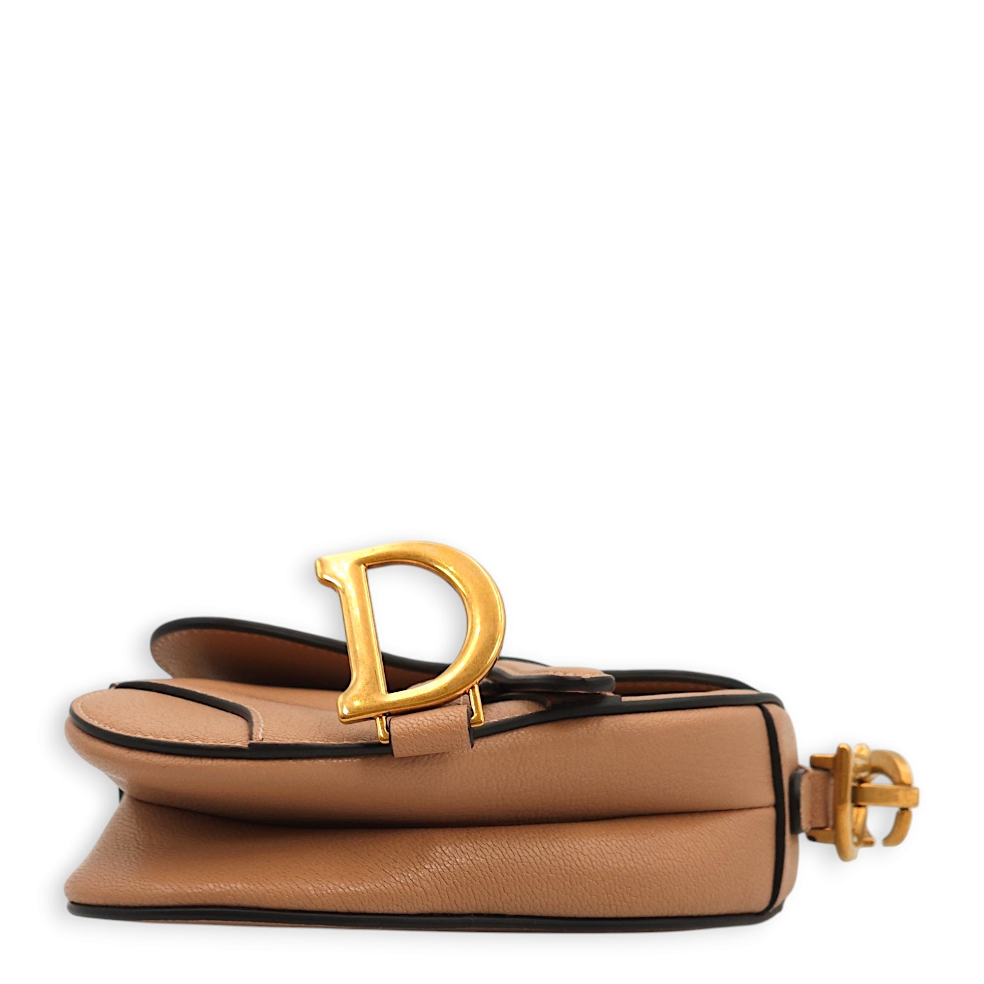 Saddle Micro Beige Top Handle Bag in Goat Leather, Gold hardware