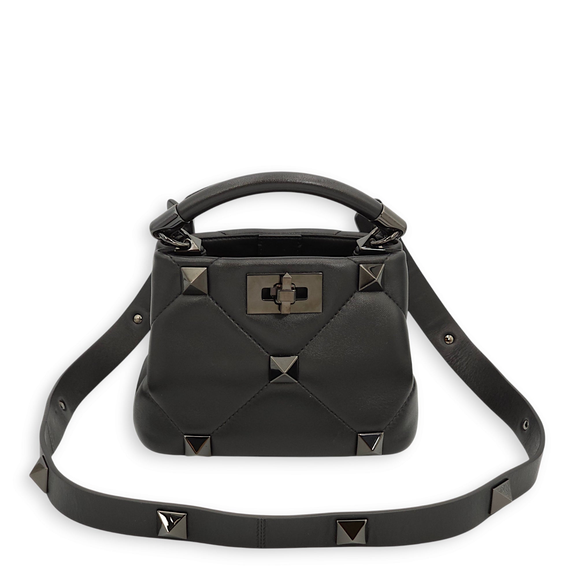 Roman Stud Black Top Handle Bag in Nappa Leather, Gunmetal hardware