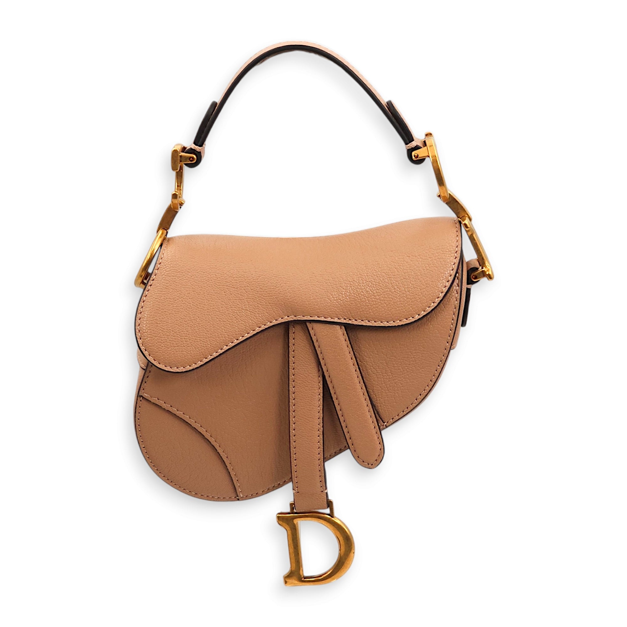 Saddle Micro Beige Top Handle Bag in Goat Leather, Gold hardware