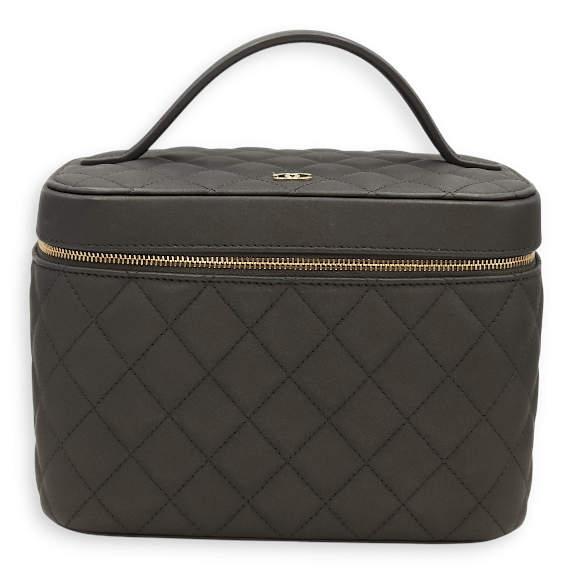 Quilted Vanity Grey Top Handle Bag in Lambskin, Gold hardware