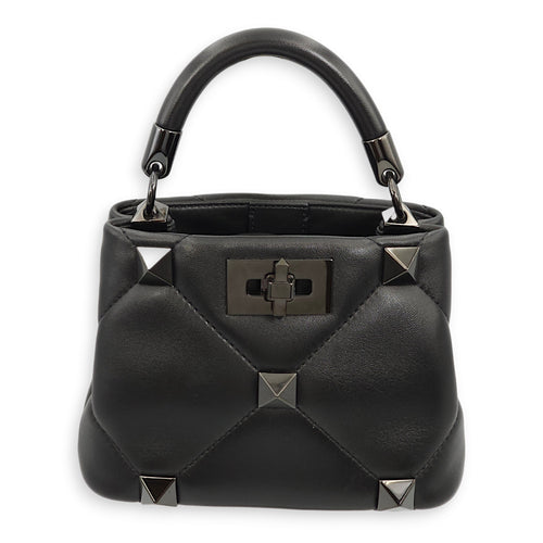 Roman Stud Black Top Handle Bag in Nappa Leather, Gunmetal hardware