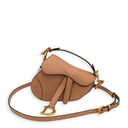 Saddle Micro Beige Top Handle Bag in Goat Leather, Gold hardware