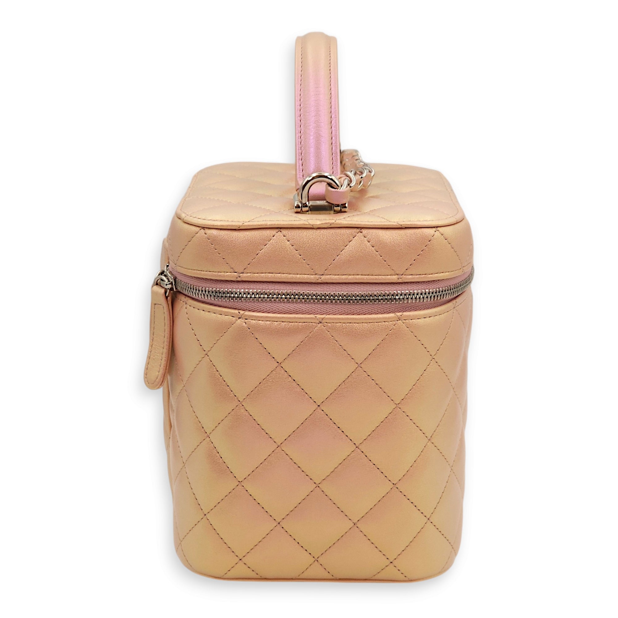 Quilted Vanity Pink Top Handle Bag in Lambskin, Silver hardware