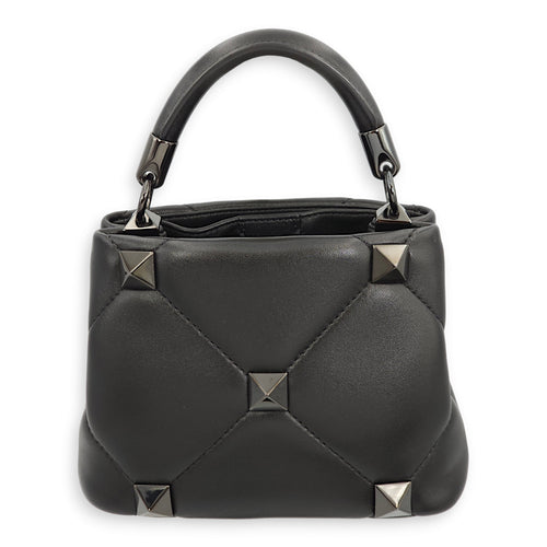 Roman Stud Black Top Handle Bag in Nappa Leather, Gunmetal hardware