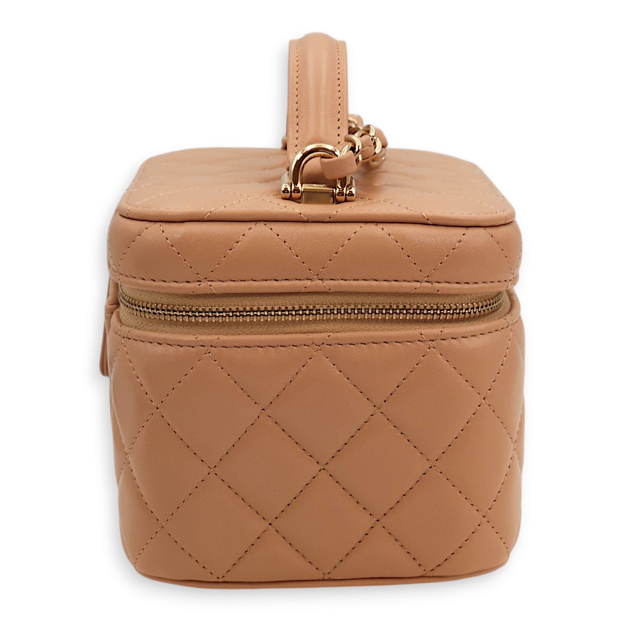 Quilted Vanity Beige Top Handle Bag in Lambskin, Gold hardware