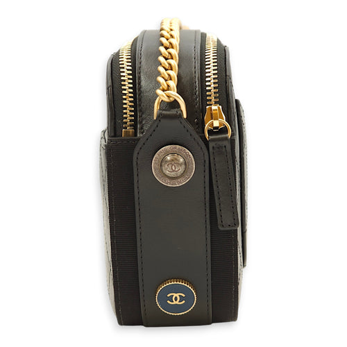 Button Up Camera Black Crossbody Bag in Calfskin, Gold hardware