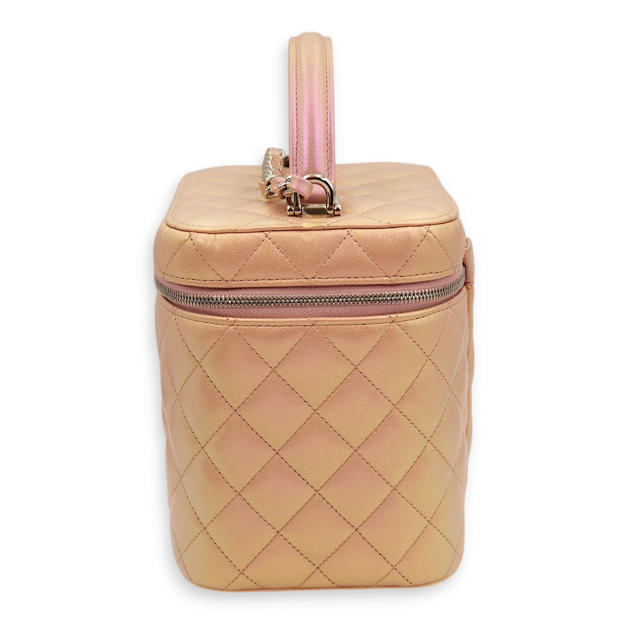 Quilted Vanity Pink Top Handle Bag in Lambskin, Silver hardware