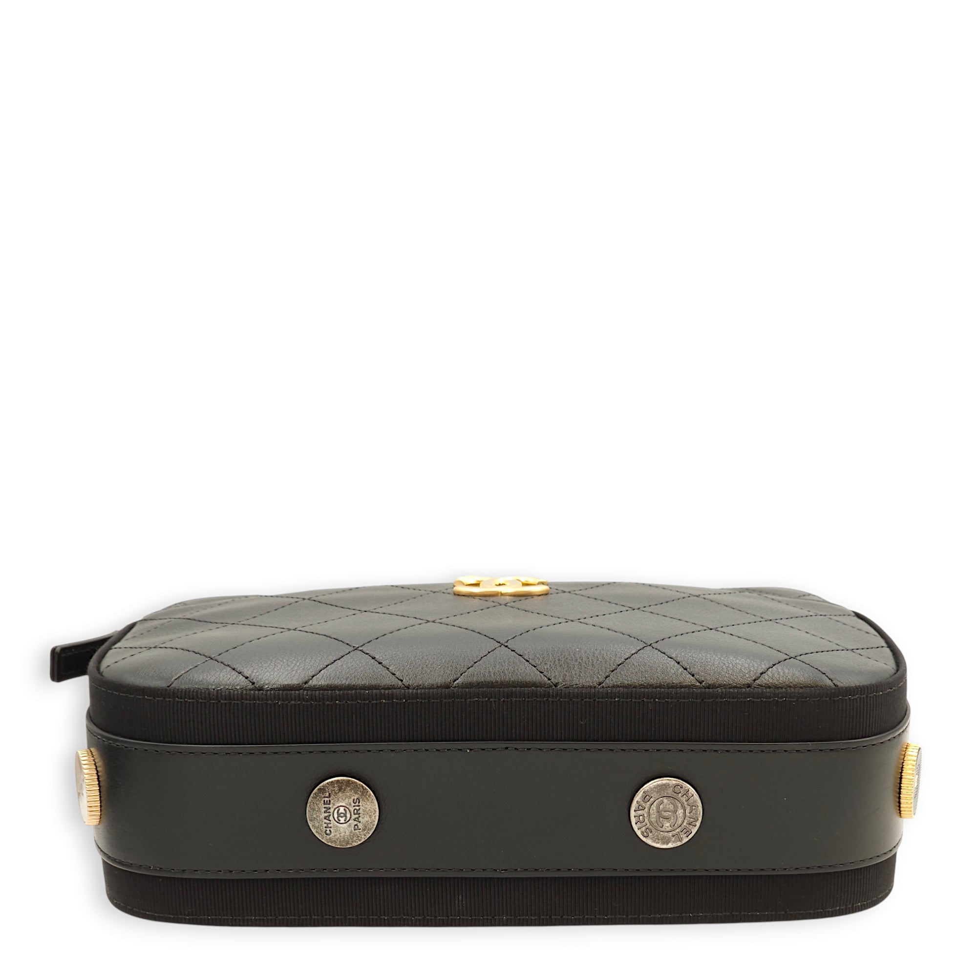 Button Up Camera Black Crossbody Bag in Calfskin, Gold hardware