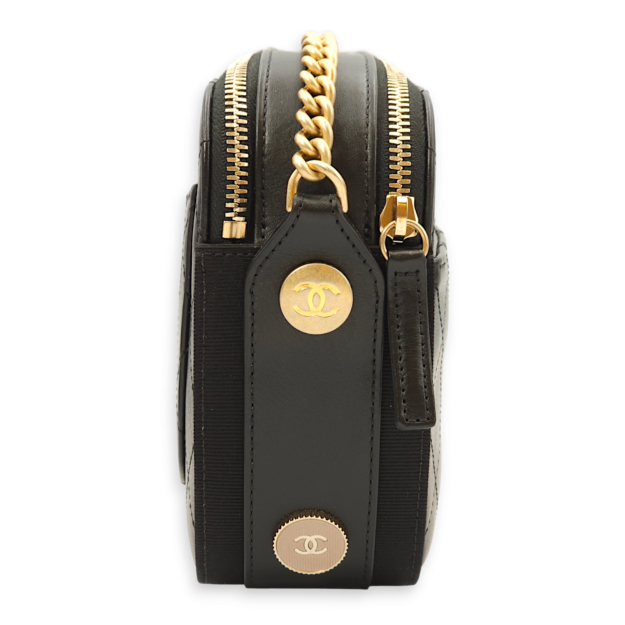 Button Up Camera Black Crossbody Bag in Calfskin, Gold hardware