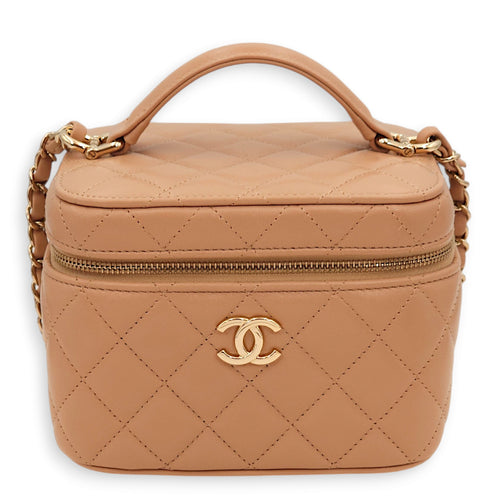 Quilted Vanity Beige Top Handle Bag in Lambskin, Gold hardware