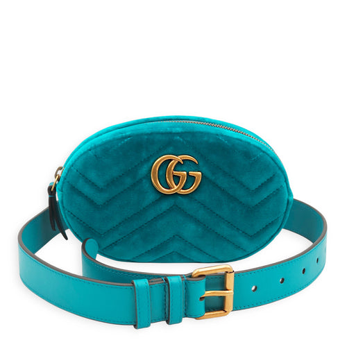 GG Marmont Blue Belt Bag in Velvet, Gold hardware