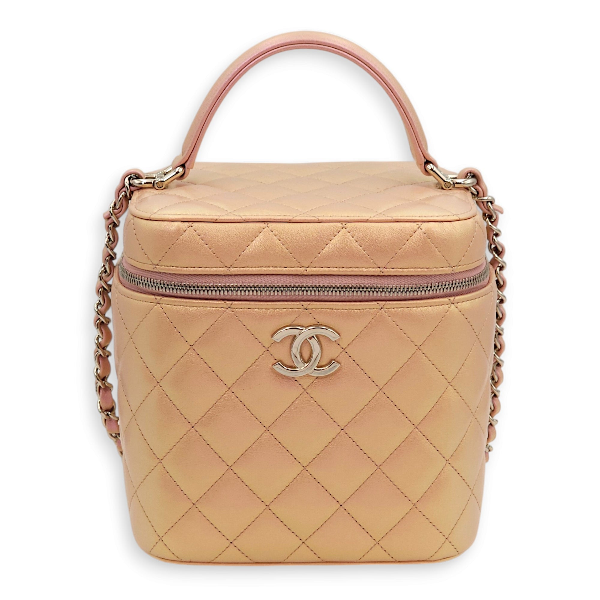 Quilted Vanity Pink Top Handle Bag in Lambskin, Silver hardware