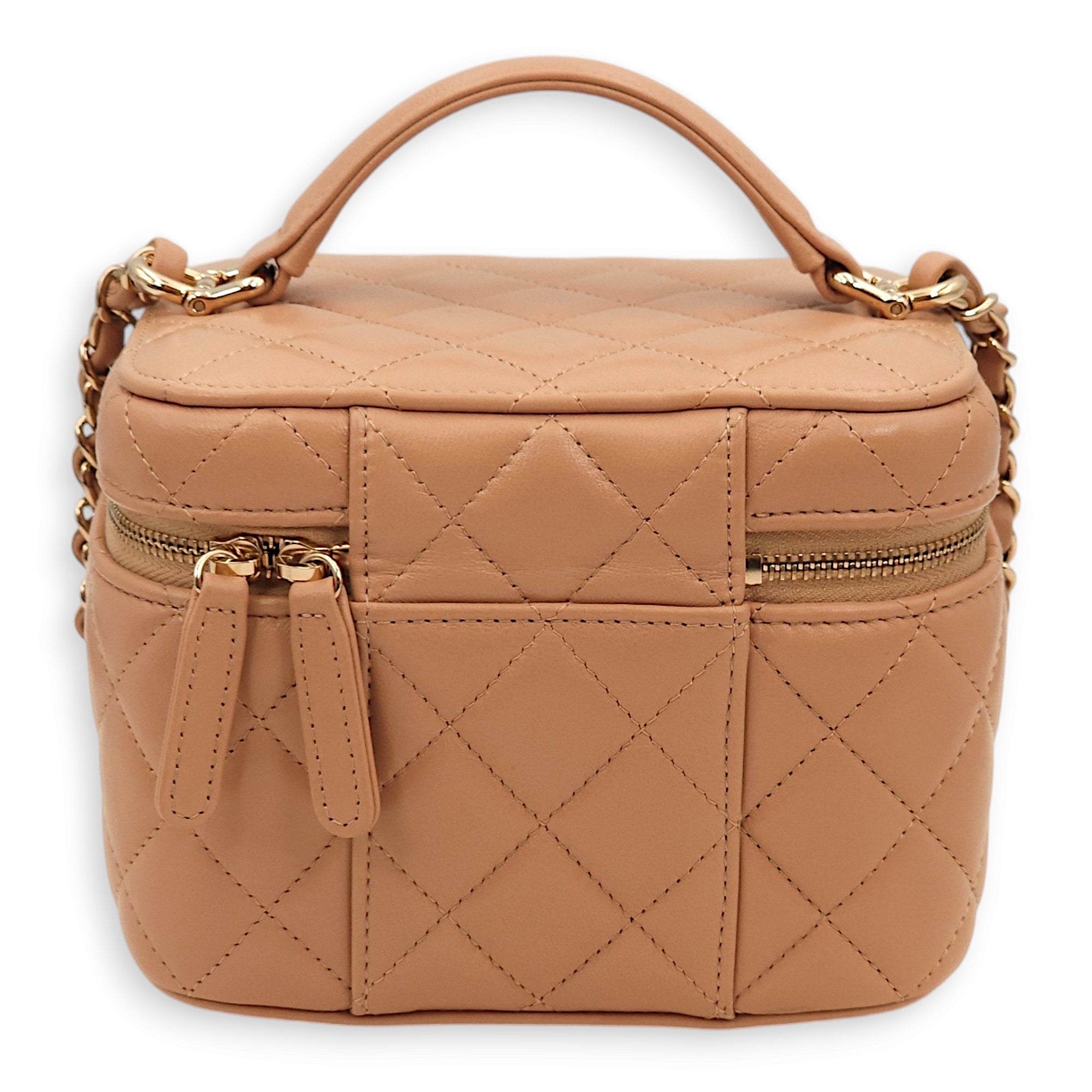 Quilted Vanity Beige Top Handle Bag in Lambskin, Gold hardware