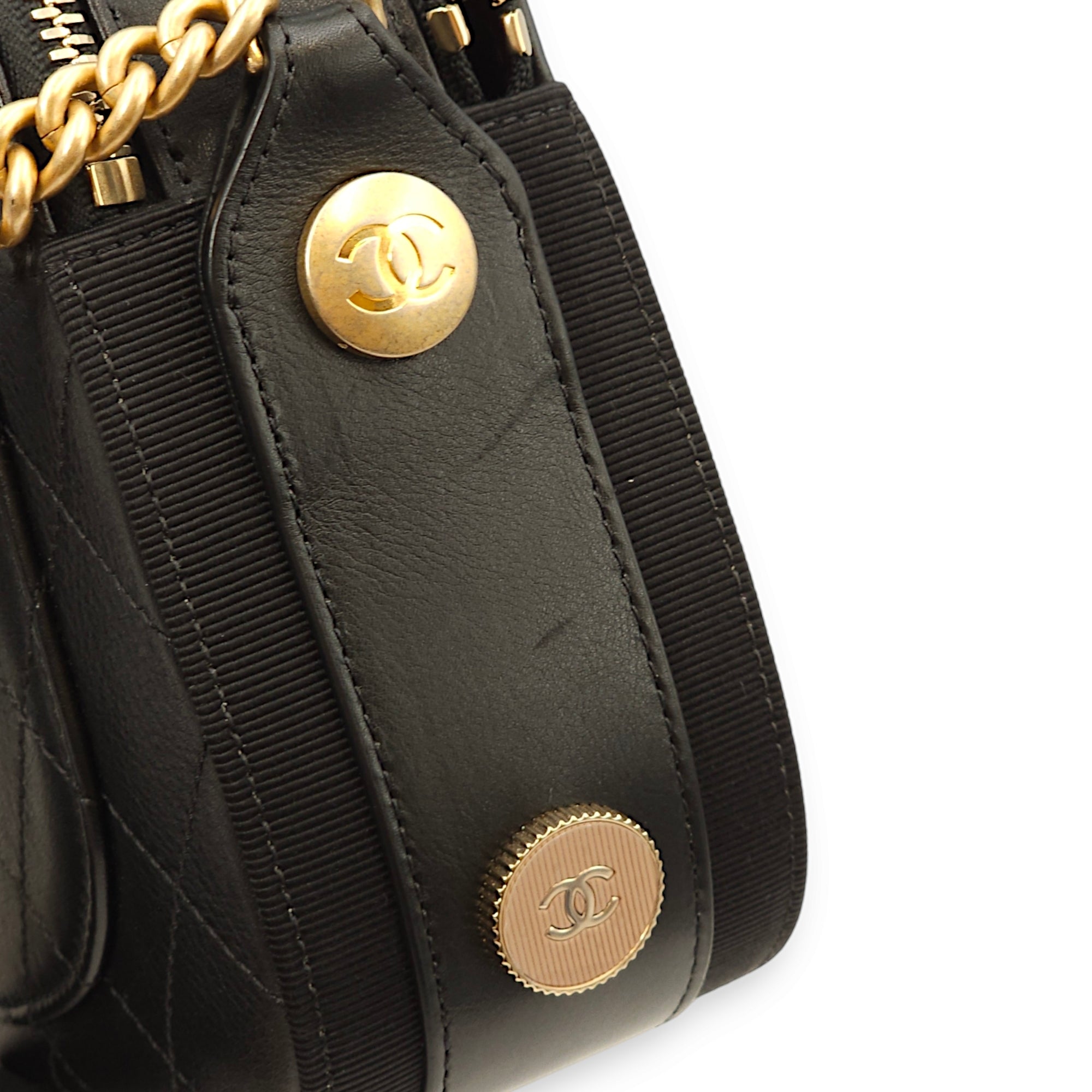 Button Up Camera Black Crossbody Bag in Calfskin, Gold hardware