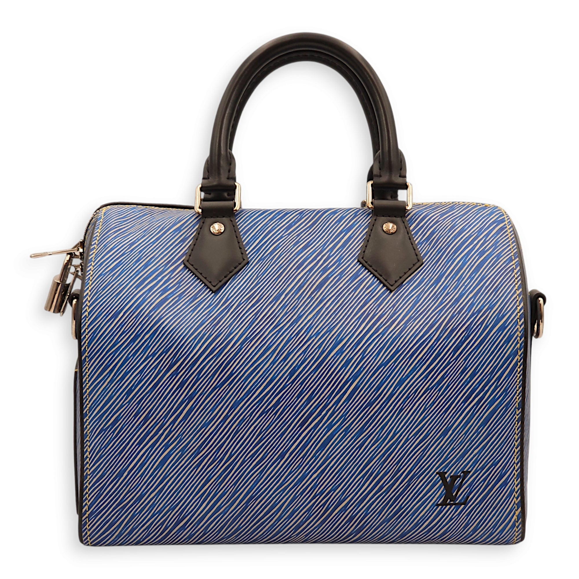 Speedy 25 Bandoulieve Blue Top Handle Bag in Epi Leather, Silver hardware