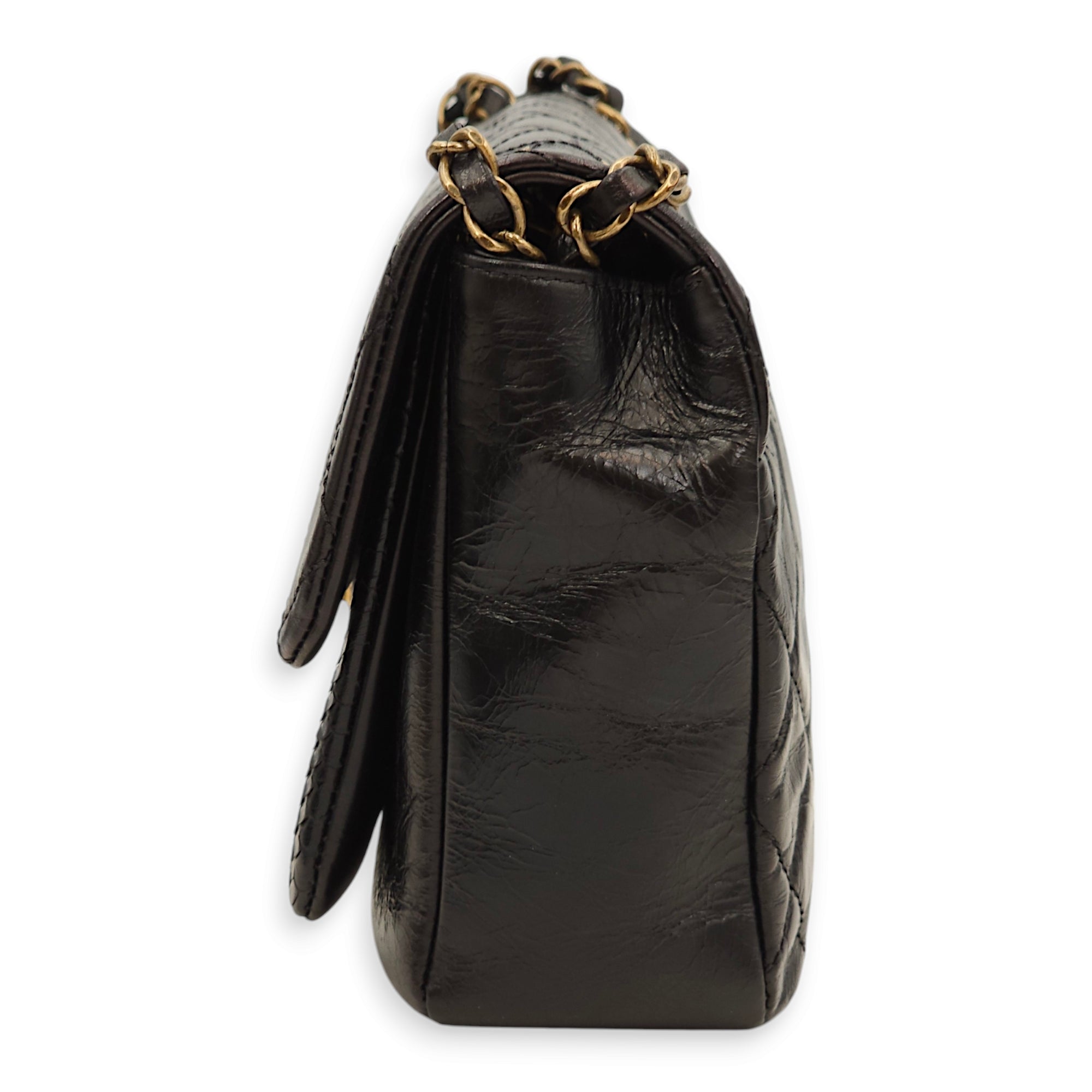 Quilted Urban Flap Black Shoulder Bag in Calfskin, Python Leather, Gold hardware