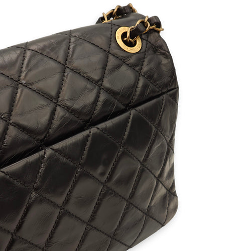 Quilted Urban Flap Black Shoulder Bag in Calfskin, Python Leather, Gold hardware