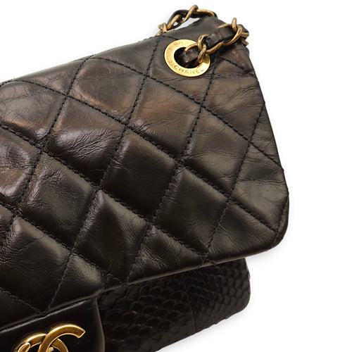 Quilted Urban Flap Black Shoulder Bag in Calfskin, Python Leather, Gold hardware