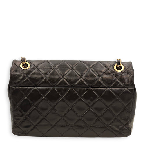 Quilted Urban Flap Black Shoulder Bag in Calfskin, Python Leather, Gold hardware