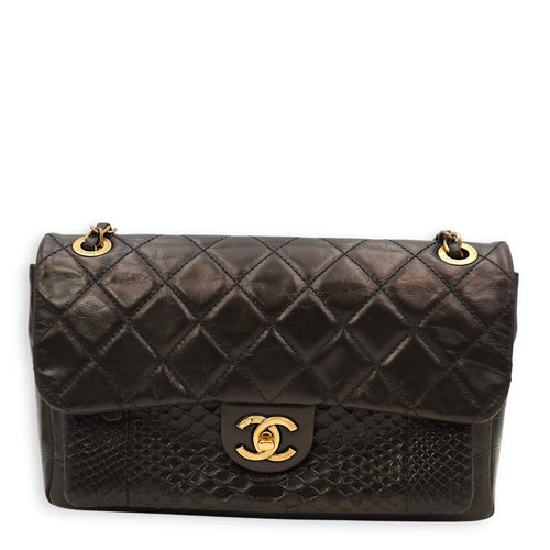 Quilted Urban Flap Black Shoulder Bag in Calfskin, Python Leather, Gold hardware