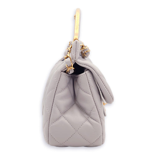 Quilted Grey Top Handle Bag in Lambskin, Gold hardware