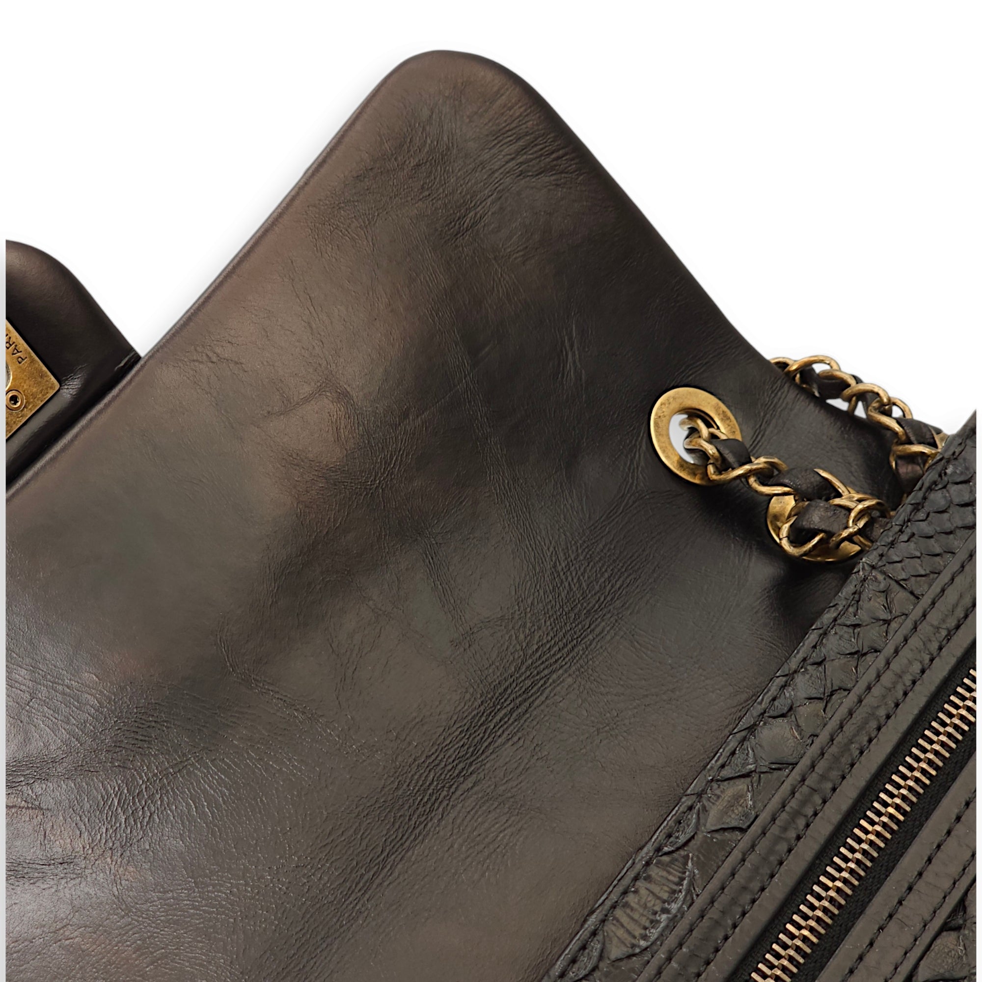 Quilted Urban Flap Black Shoulder Bag in Calfskin, Python Leather, Gold hardware