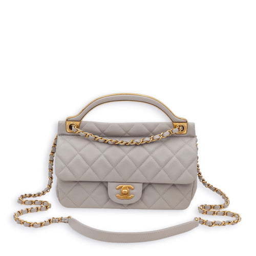 Quilted Grey Top Handle Bag in Lambskin, Gold hardware