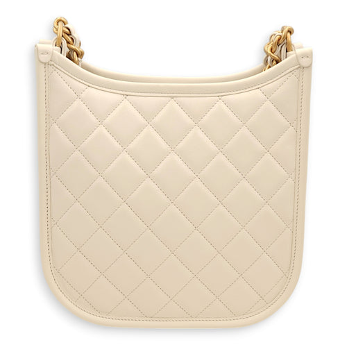 Quilted Hobo White Shoulder Bag in Lambskin, Gold hardware