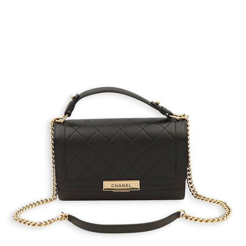 Click Label Flap Black Top Handle Bag in Calfskin, Gold hardware