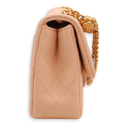 Camellia Crush Rectangle Flap Pink Shoulder Bag in Lambskin, Gold hardware