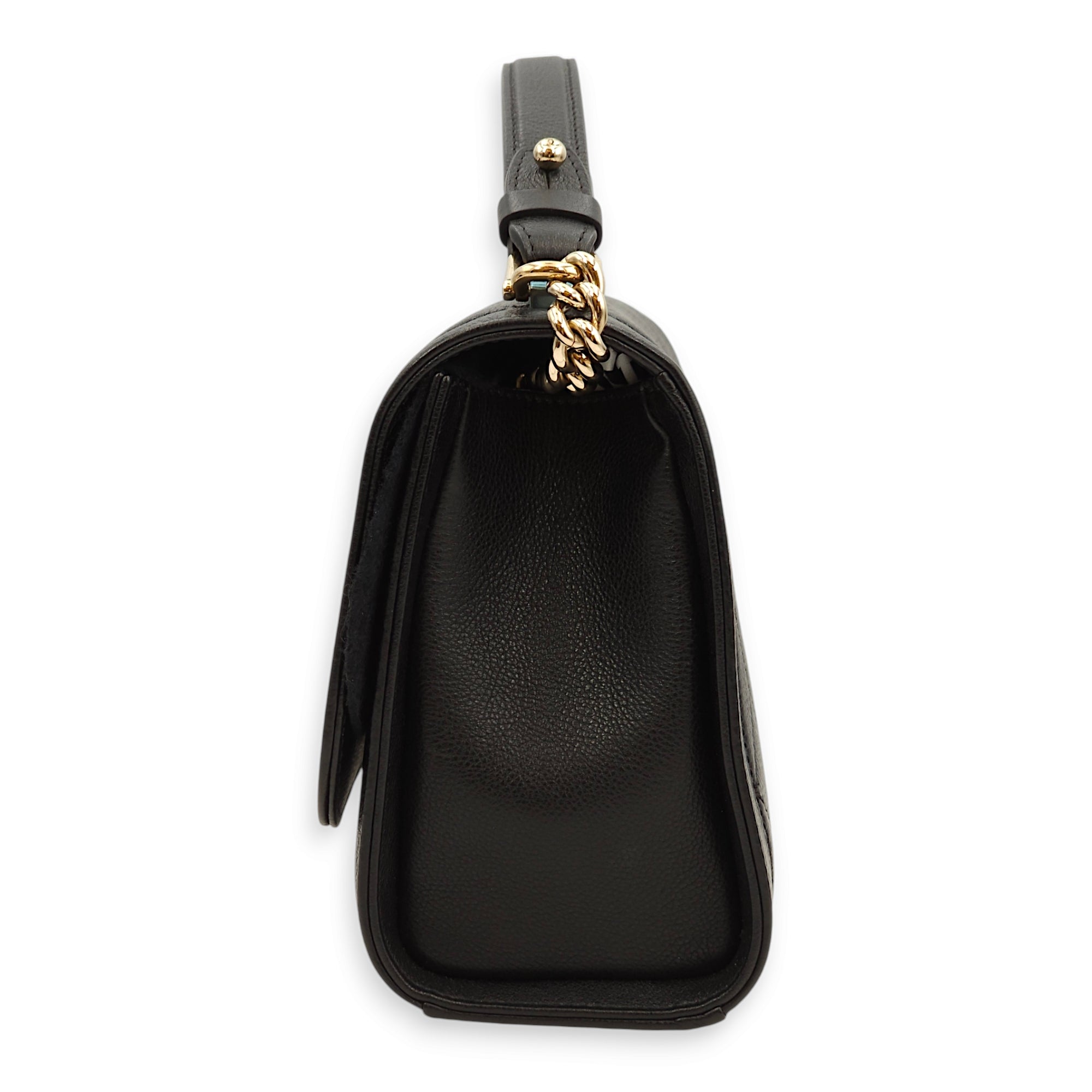 Click Label Flap Black Top Handle Bag in Calfskin, Gold hardware