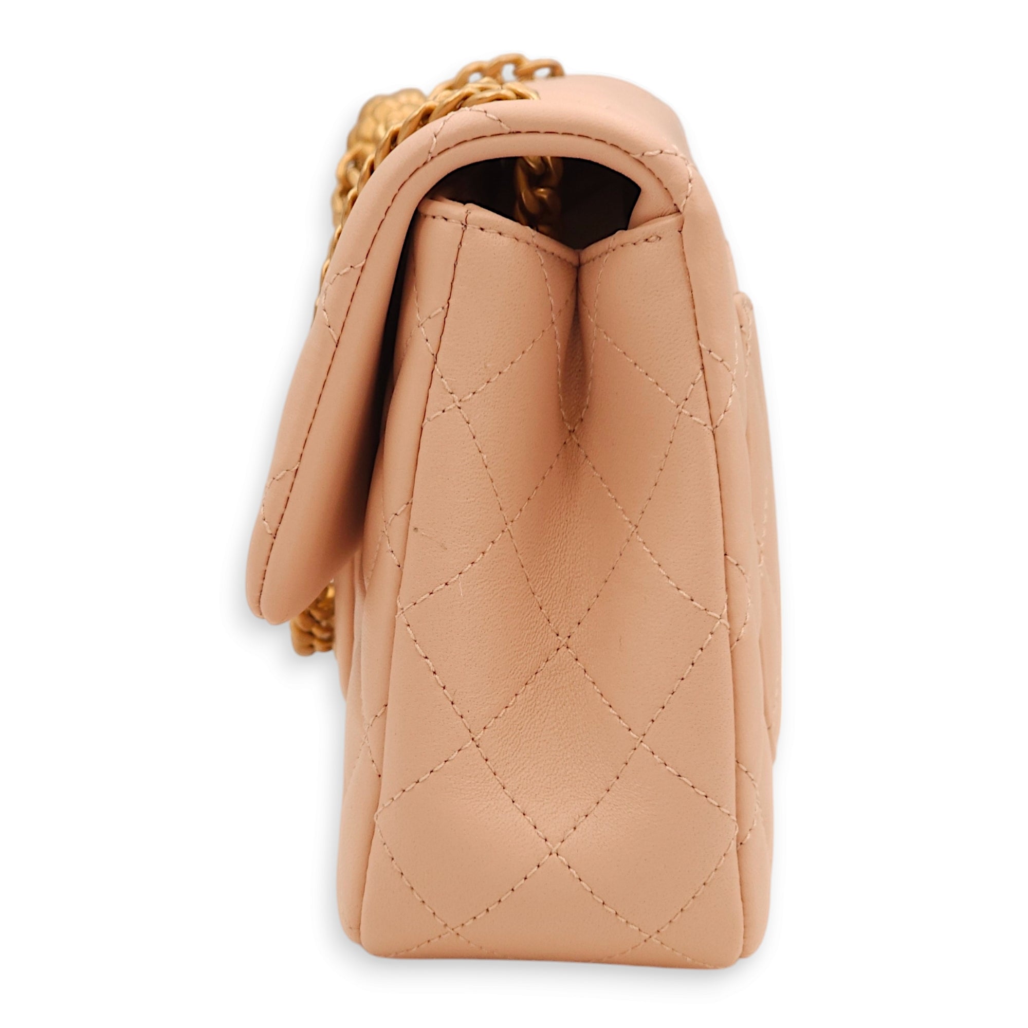 Camellia Crush Rectangle Flap Pink Shoulder Bag in Lambskin, Gold hardware