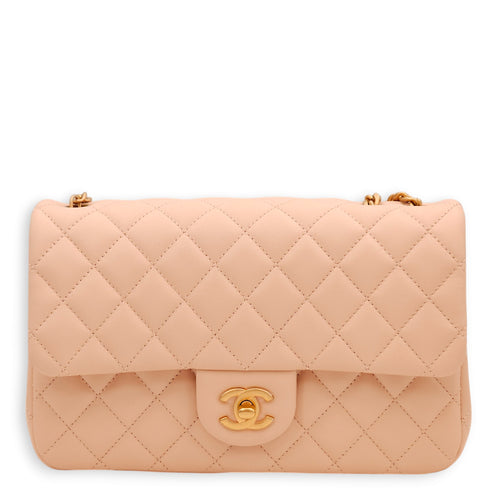 Camellia Crush Rectangle Flap Pink Shoulder Bag in Lambskin, Gold hardware