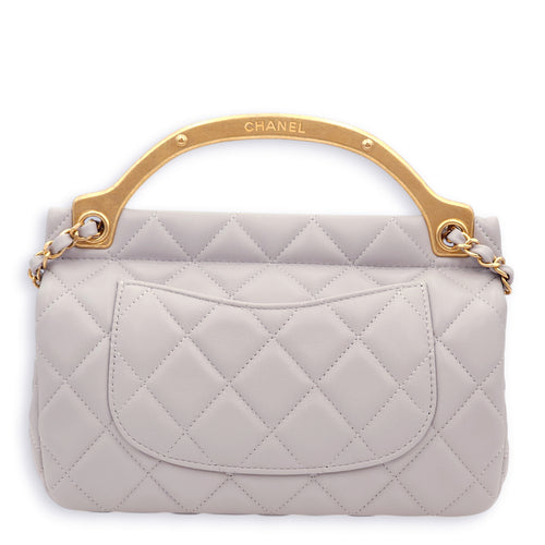 Quilted Grey Top Handle Bag in Lambskin, Gold hardware