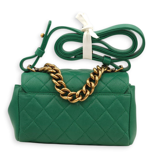 Trapezio Flap Green Crossbody Bag in Chevre Leather, Gold hardware