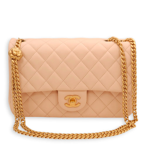 Camellia Crush Rectangle Flap Pink Shoulder Bag in Lambskin, Gold hardware