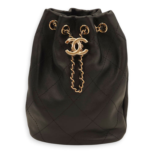 Quilted Drawstring Black Backpack in Lambskin, Gold hardware