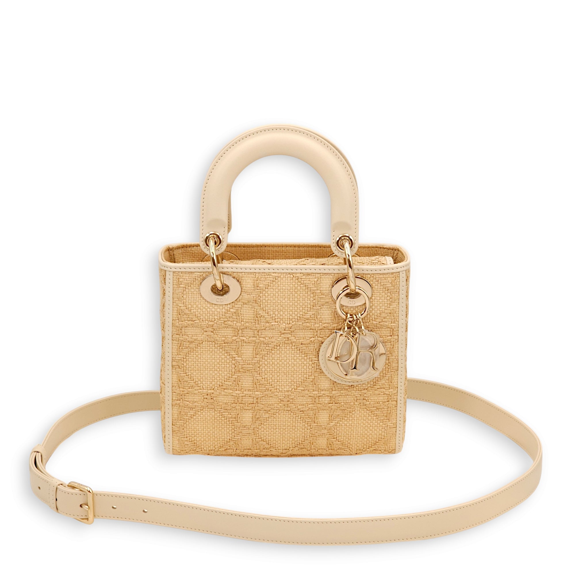 Lady Dior Beige Top Handle Bag in Raffia/Calfskin, Gold hardware