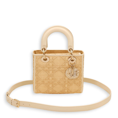 Lady Dior Beige Top Handle Bag in Raffia/Calfskin, Gold hardware