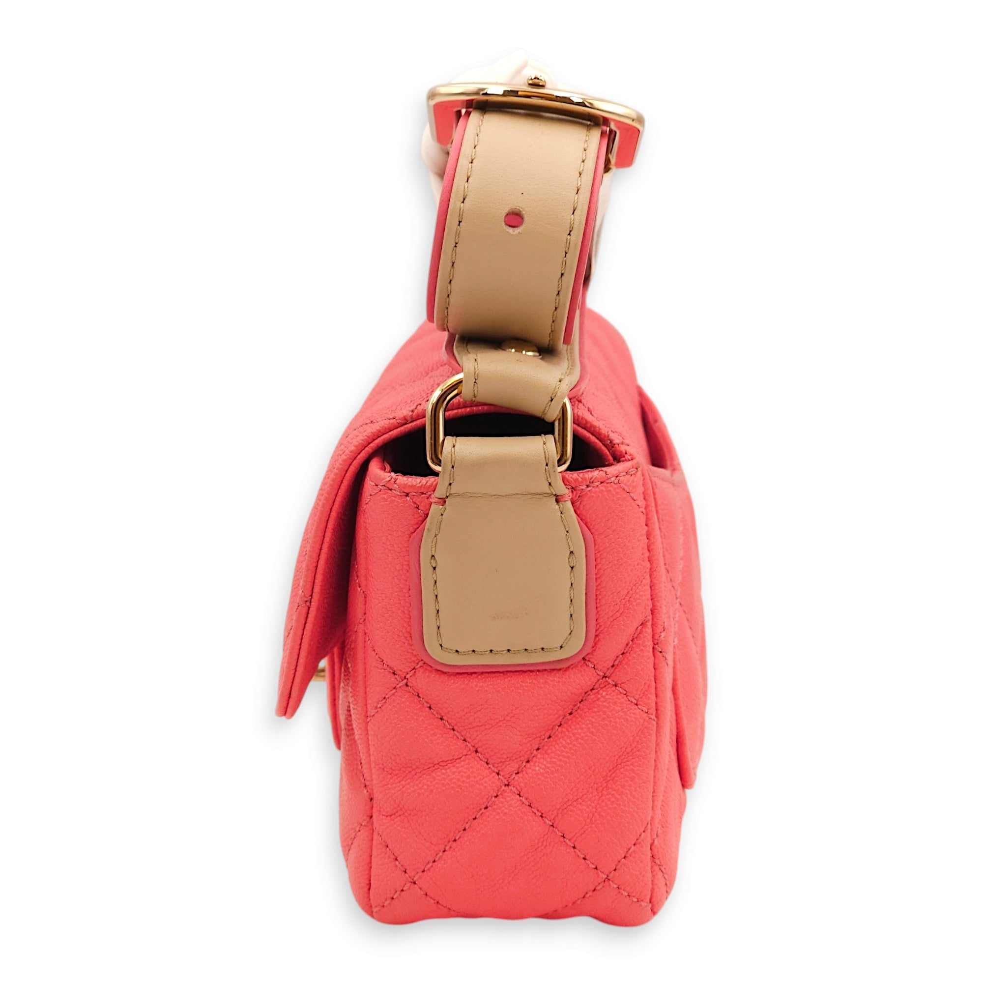 Quilted Seasonal Flap Pink Crossbody Bag in Caviar Leather, Gold hardware