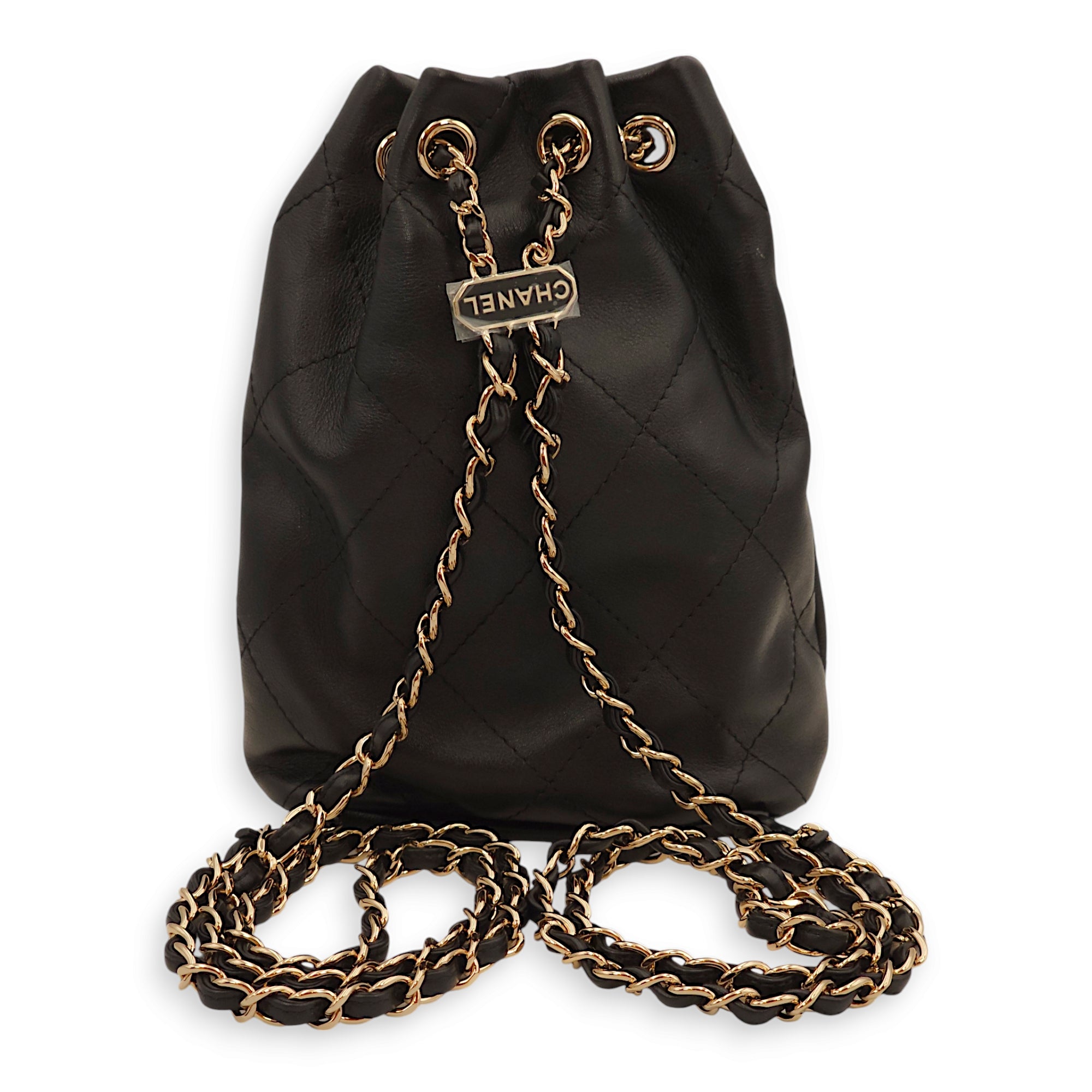 Quilted Drawstring Black Backpack in Lambskin, Gold hardware