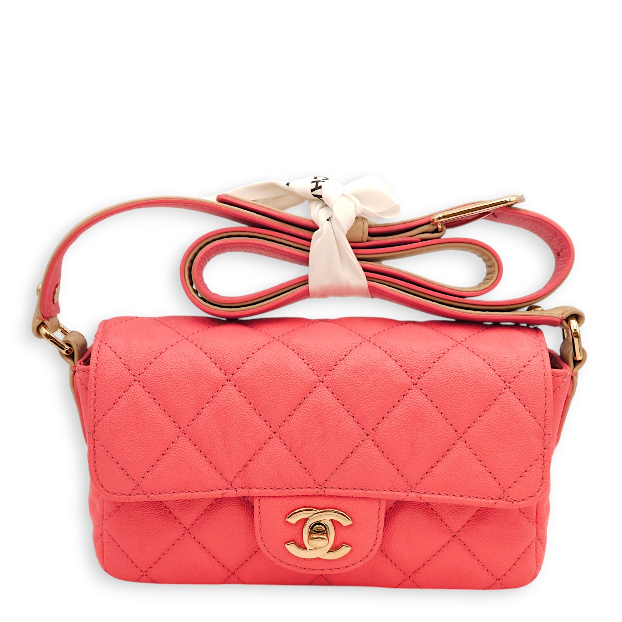 Quilted Seasonal Flap Pink Crossbody Bag in Caviar Leather, Gold hardware