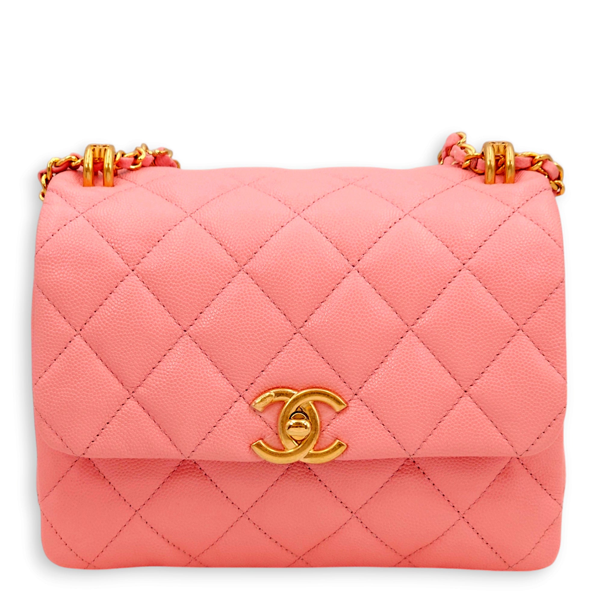 Coco First Flap Pink Shoulder Bag in Caviar Leather, Gold hardware